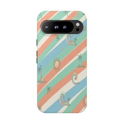 Retro Beach Stripes Phone Case — Sun, Waves & Palm Pattern Tough Case