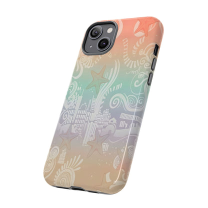 Tough Cases: Pastel Beach Pattern Phone Case — Starfish & Coastal Cityscape Protective Cover