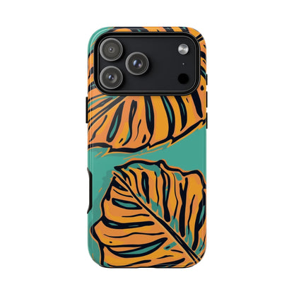Tropical Leaf Tough Phone Case — Orange Monstera Design on Teal