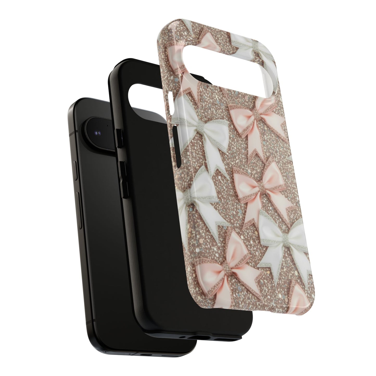 Glitter Bow Tough Phone Case — Pink & White Ribbon Protective Cover
