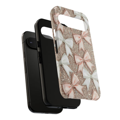 Glitter Bow Tough Phone Case — Pink & White Ribbon Protective Cover