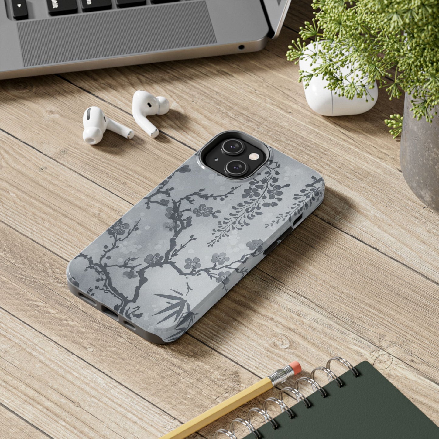 Tough Phone Case — Gray Cherry Blossom Ink Floral Design