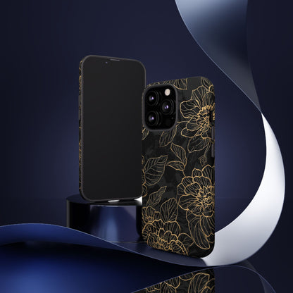 Floral Gold Outline Tough Phone Case – Black Botanical Protective Cover