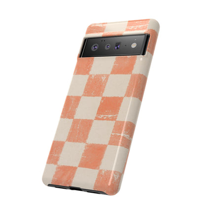 Peach Checkerboard Tough Phone Case — Retro Distressed Grid Design