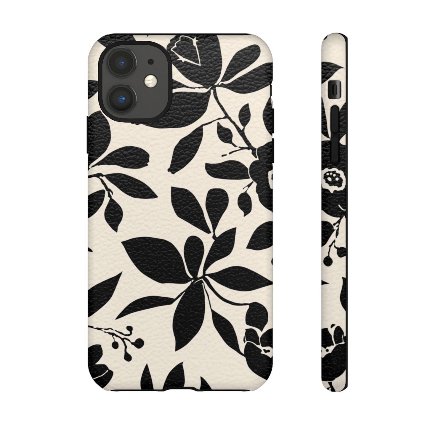 Black Floral Pattern Phone Case — Monochrome Botanical Tough Case
