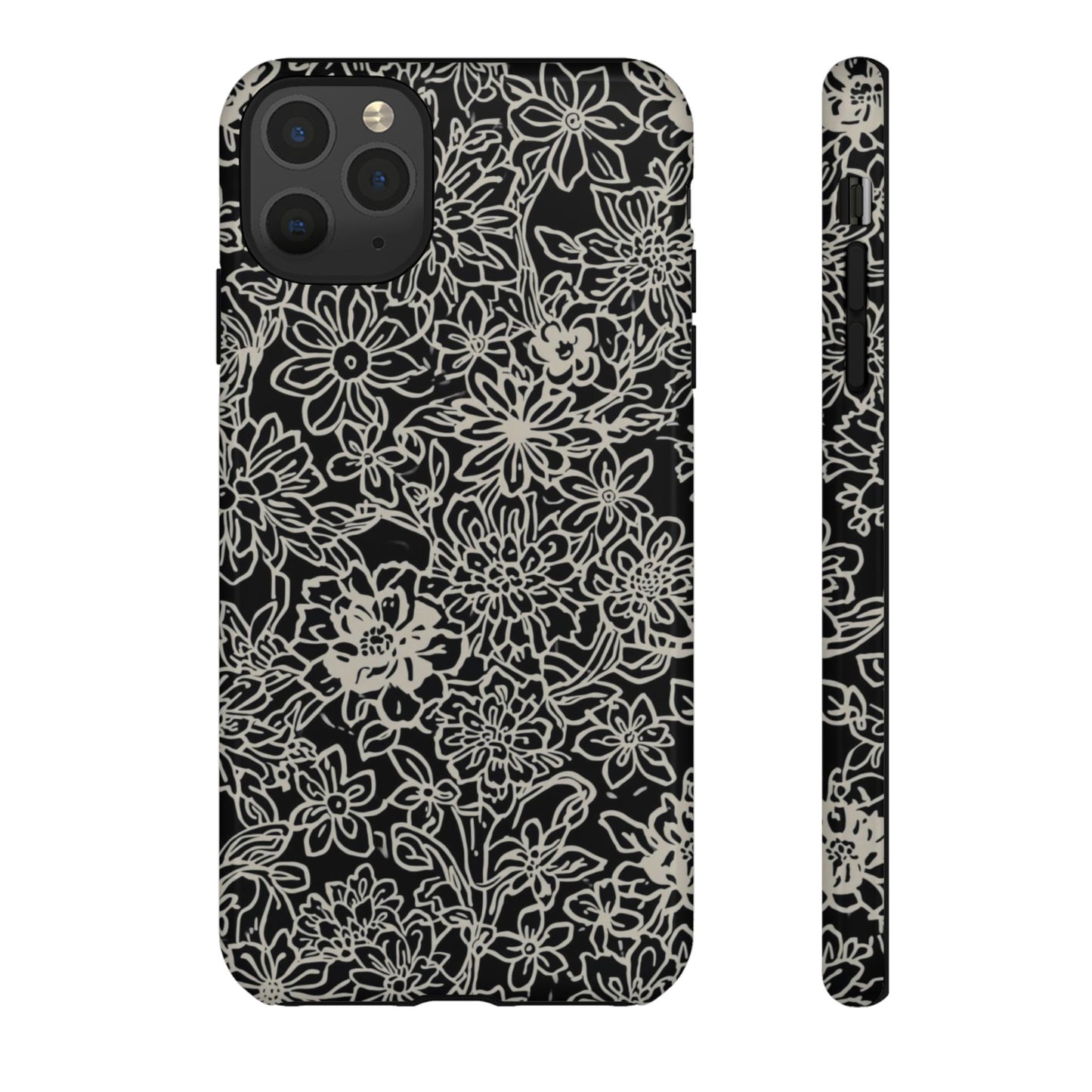 Floral Doodle Tough Phone Case — Black & White Sketch Flower Protective Cover