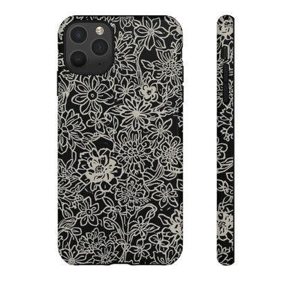 Floral Doodle Tough Phone Case — Black & White Sketch Flower Protective Cover