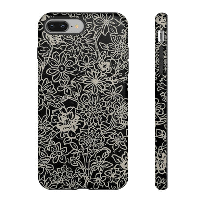 Floral Doodle Tough Phone Case — Black & White Sketch Flower Protective Cover