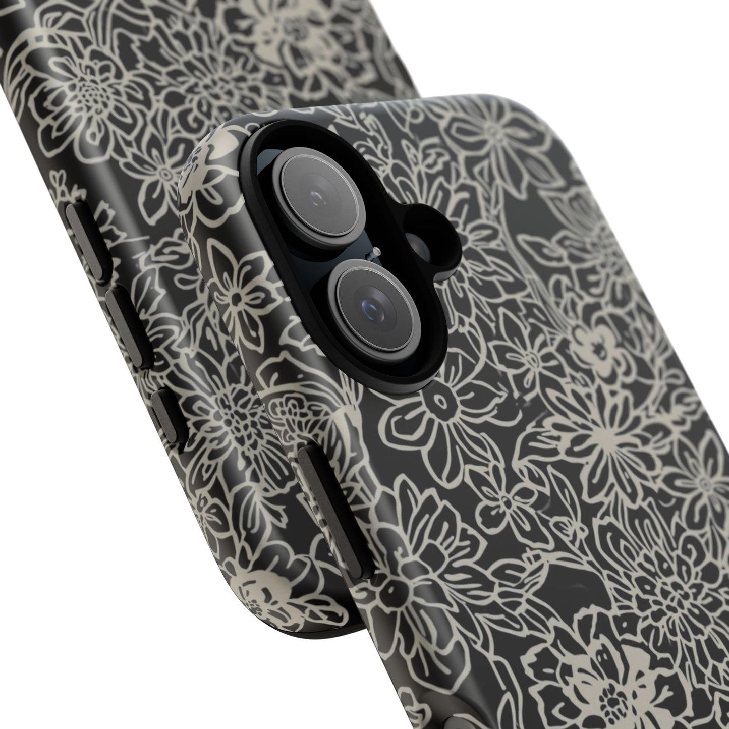 Floral Doodle Tough Phone Case — Black & White Sketch Flower Protective Cover