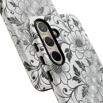 Floral Lace Phone Case — Black & White Vintage Flower Protective Case