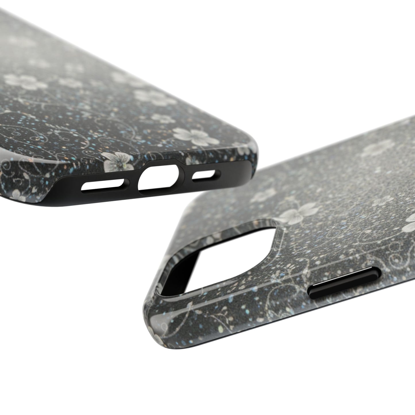 Floral Sparkle Tough Phone Case — Black & Silver Vintage Blossom