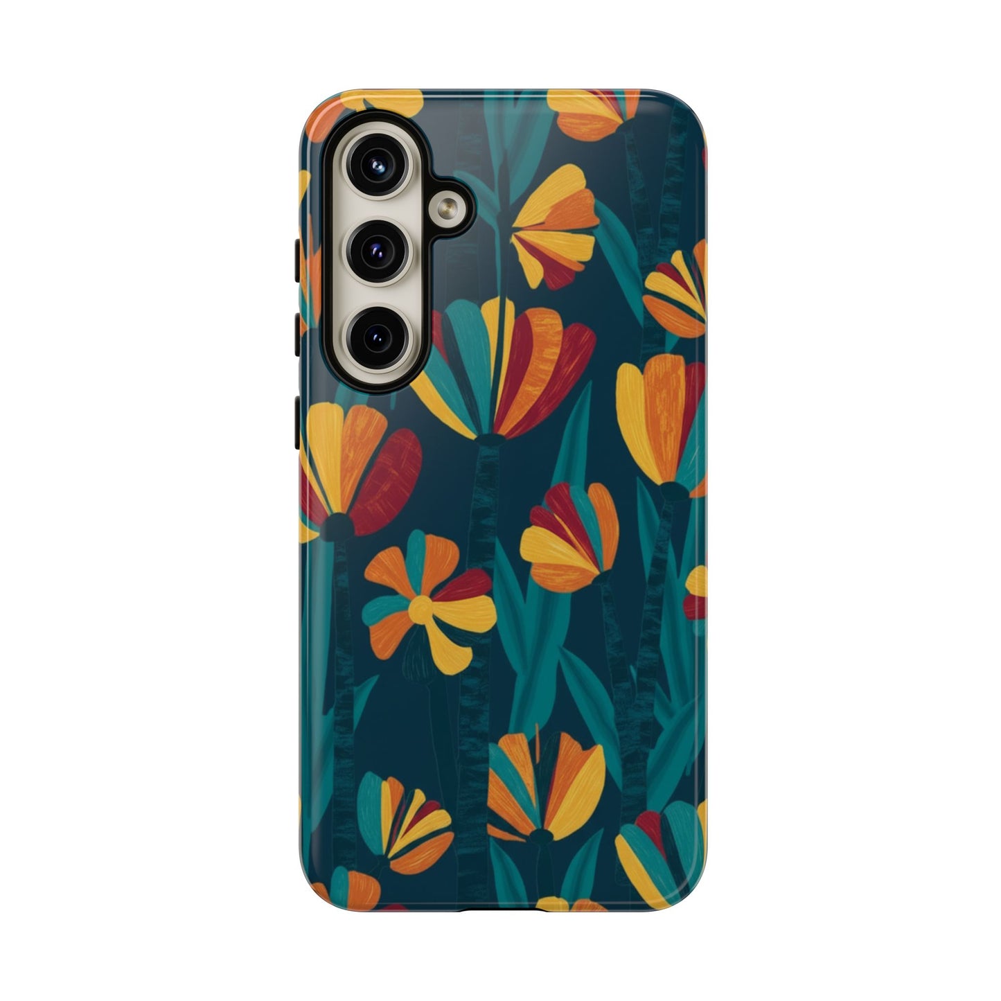 Floral Retro Teal Tough Phone Case — Vibrant Orange & Mustard Blooms