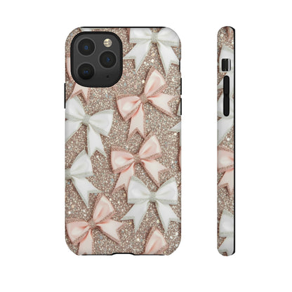 Glitter Bow Tough Phone Case — Pink & White Ribbon Protective Cover
