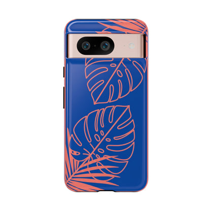 Tropical Monstera Phone Case — Blue & Coral Leaf Protective Cover