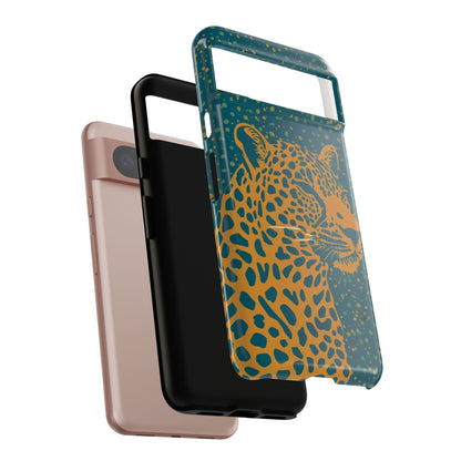 Leopard Print Tough Phone Case — Gold Panther on Teal, Protective iPhone Cover