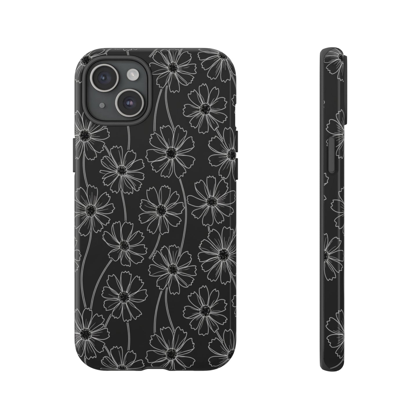 Floral Doodle Tough Phone Case — Black & Gray Daisy Pattern