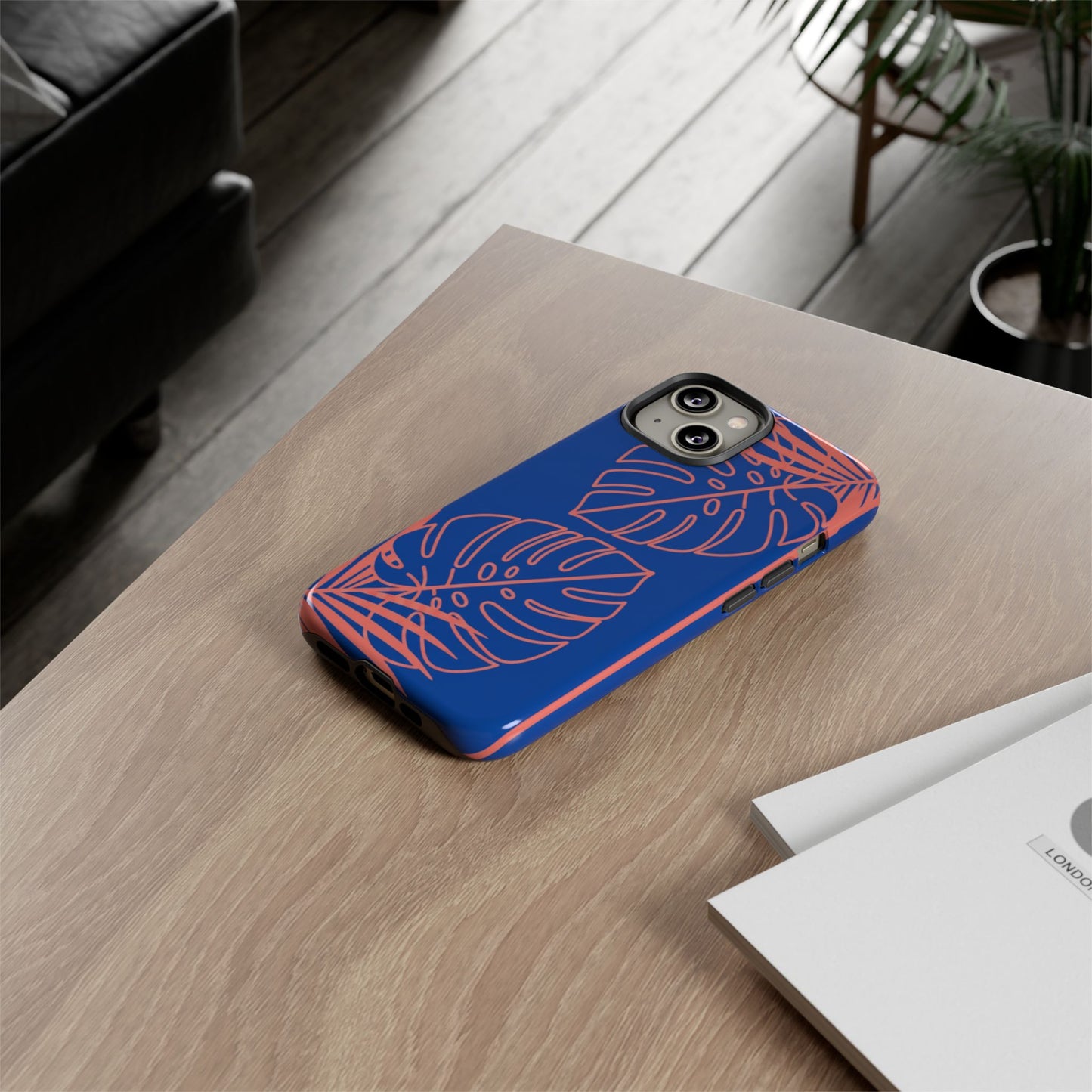 Tropical Monstera Phone Case — Blue & Coral Leaf Protective Cover