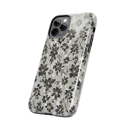 Floral Vintage Tough Phone Case — Black & Gray Rustic Flower Protective Case