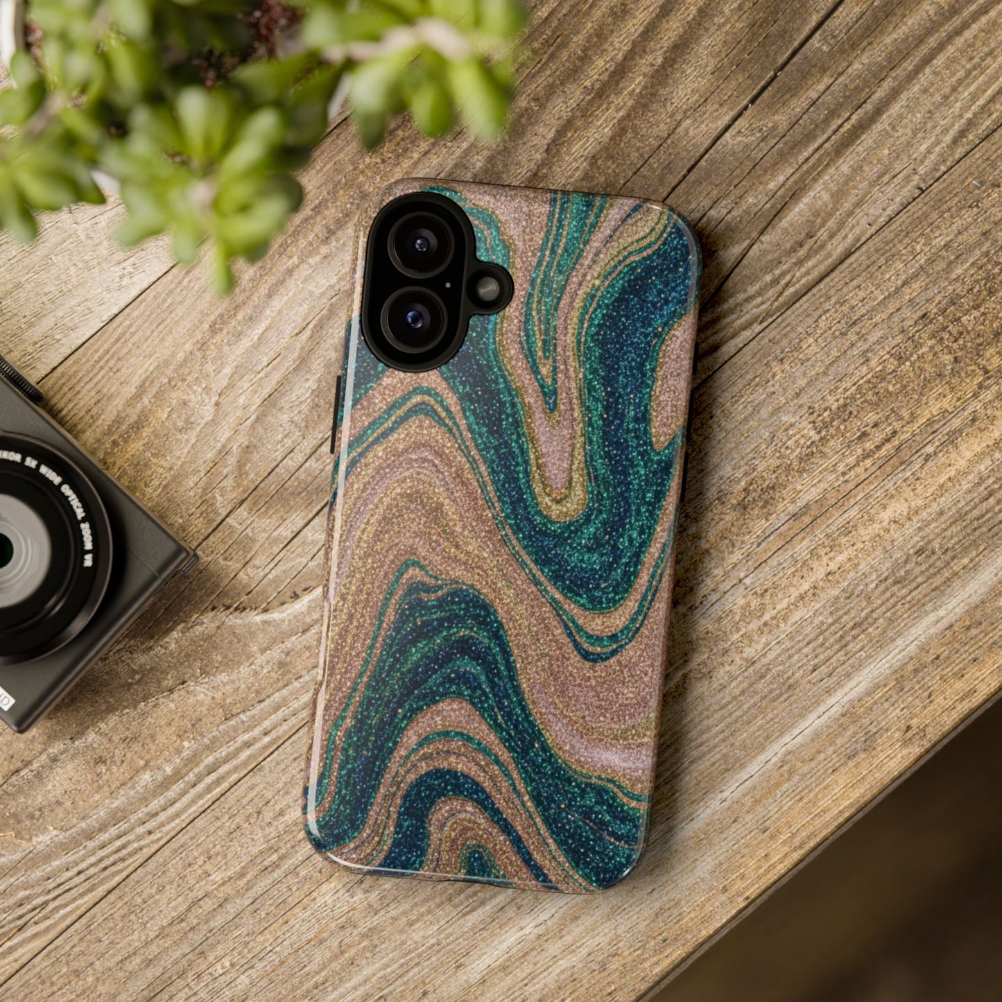 Marbled Teal & Gold Phone Case — Glitter Swirl Tough Case