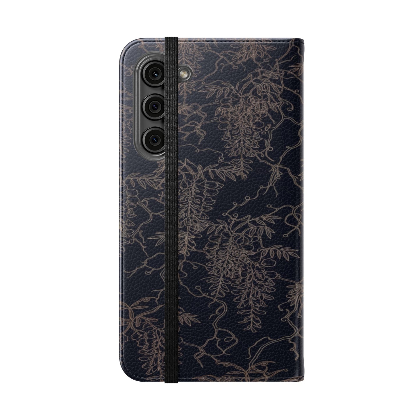 Botanical Noir Flip Phone Case — Dark Floral Wallet Cover with Card Slots