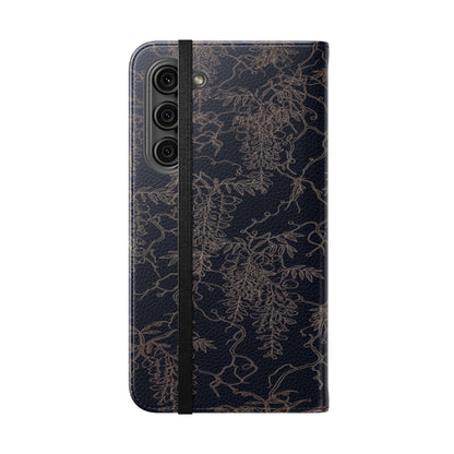 Botanical Noir Flip Phone Case — Dark Floral Wallet Cover with Card Slots