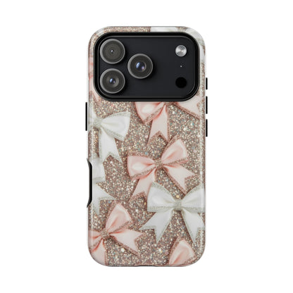 Glitter Bow Tough Phone Case — Pink & White Ribbon Protective Cover
