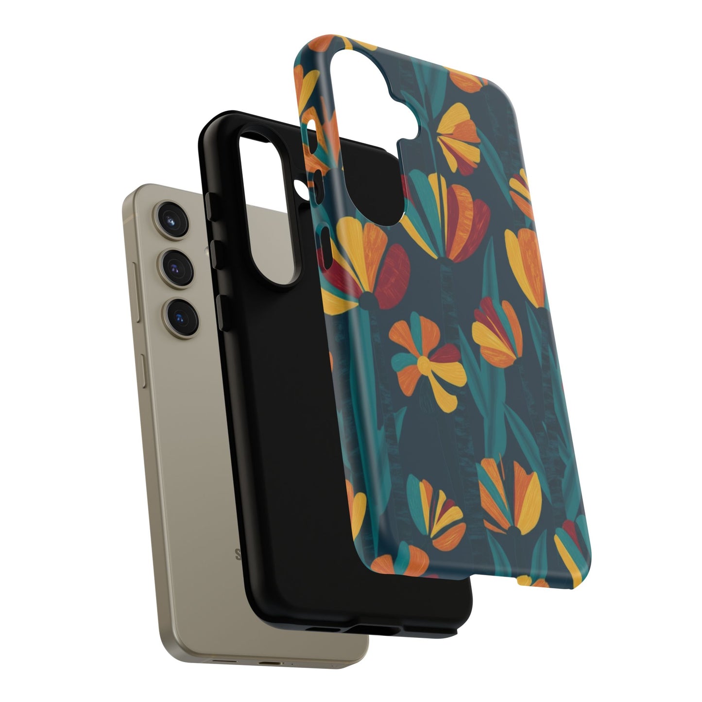 Floral Retro Teal Tough Phone Case — Vibrant Orange & Mustard Blooms