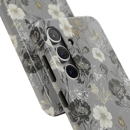 Floral Gray Tough Phone Case — Elegant Protective Phone Cover with Gold Accent