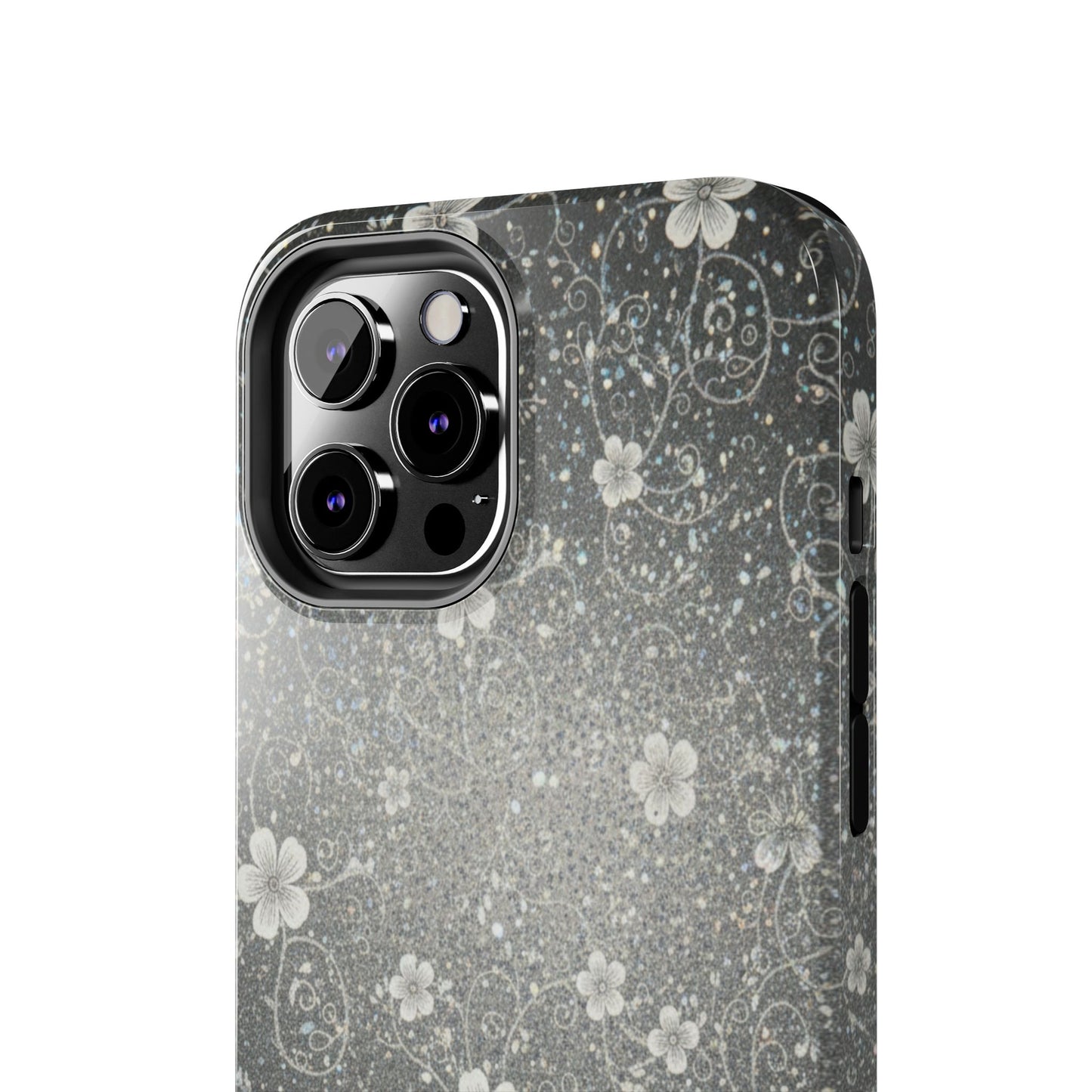 Floral Sparkle Tough Phone Case — Black & Silver Vintage Blossom