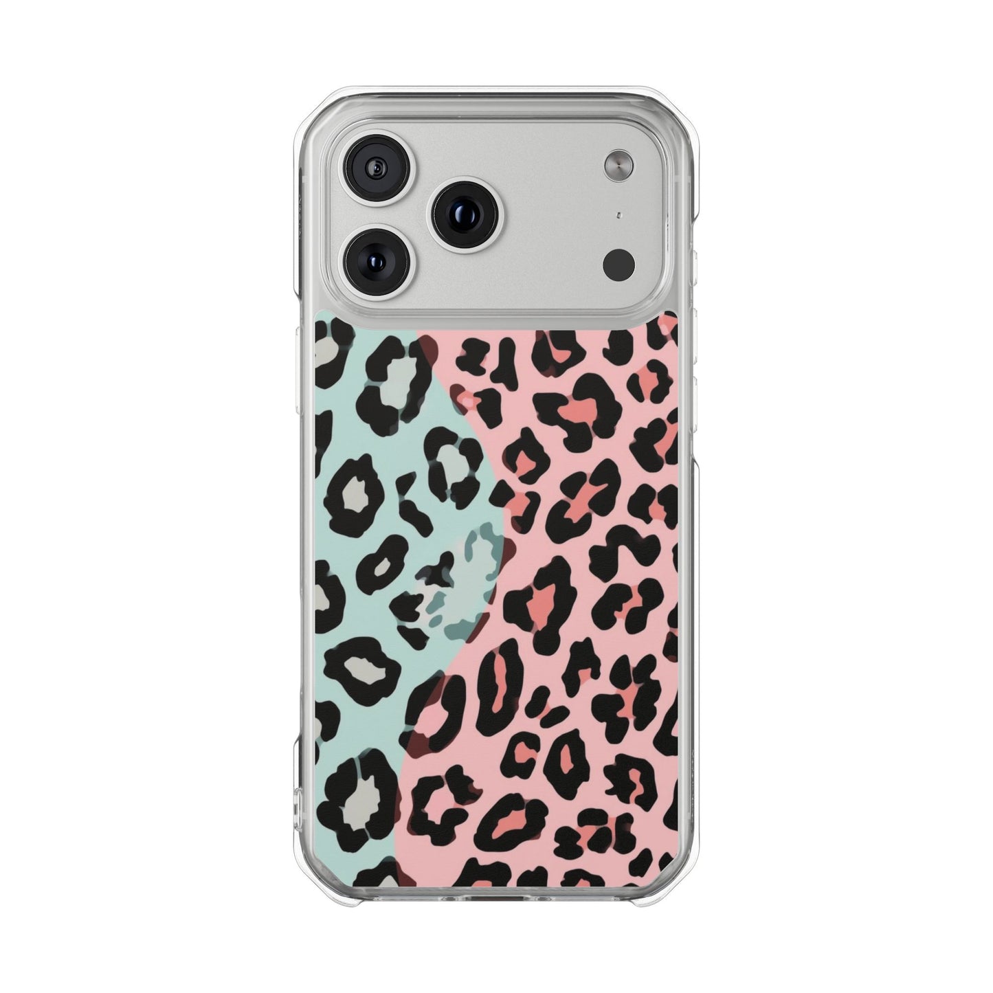 Clear Magnetic Phone Case — Pink & Mint Leopard Print