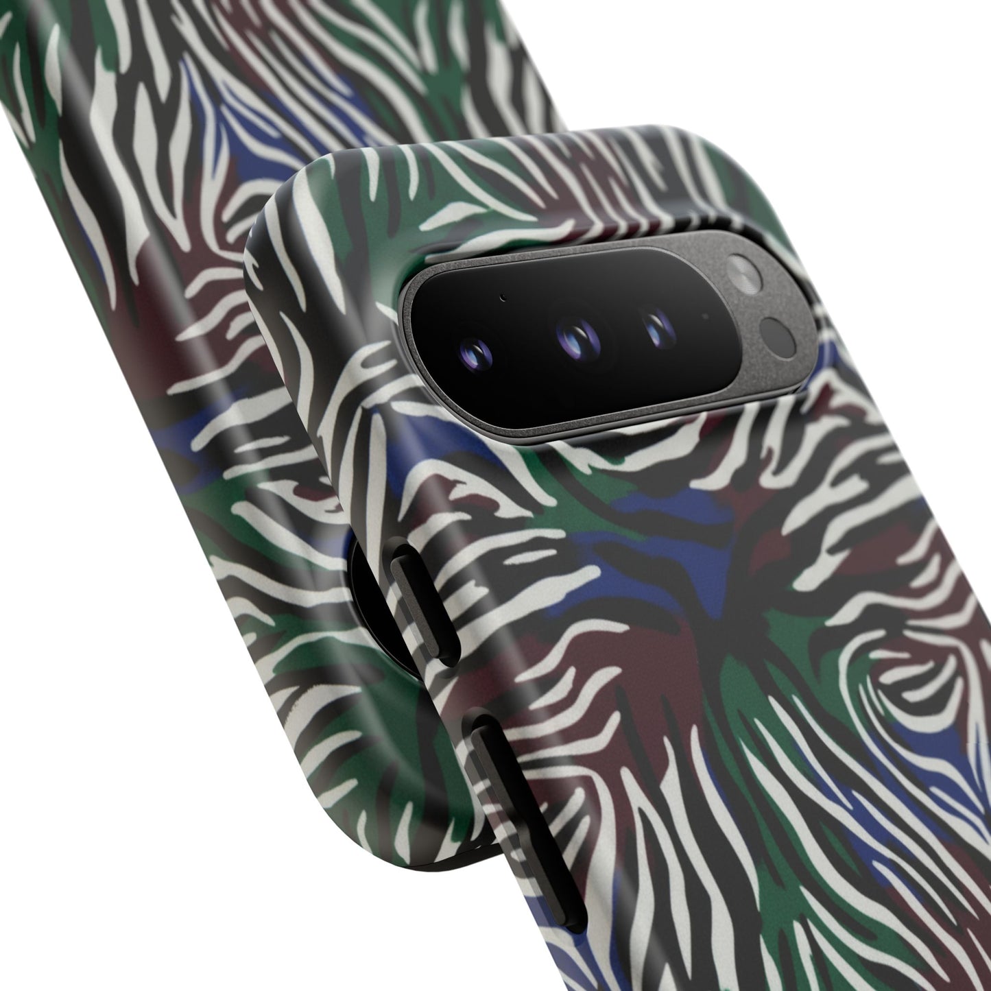 Zebra Camo Tough Phone Case – Green & Blue Animal Print Protective Cover