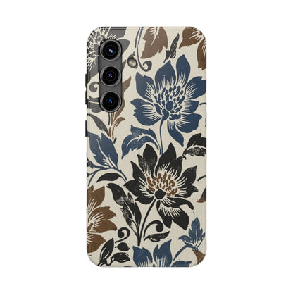 Floral Vintage Tough Phone Case — Blue & Brown Botanical Protection