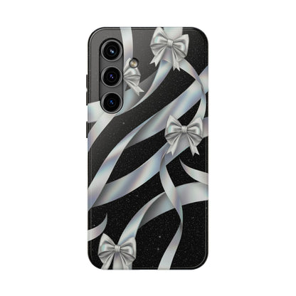 Silver Ribbon Bow Tough Phone Case — Glitter Black Protective Phone Case