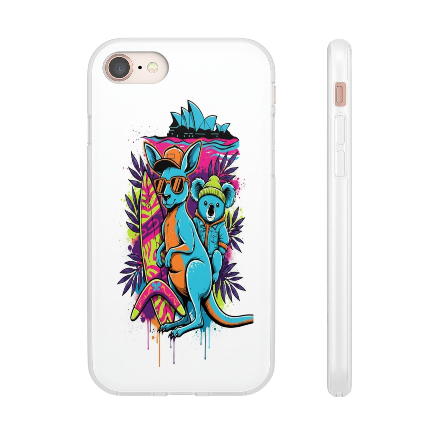Kangaroo & Koala Surf Phone Case — Neon Aussie Beach Vibes Flexible Case