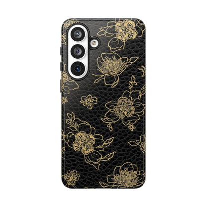 Floral Leather Phone Case — Gold Outline Flowers on Black Tough Case
