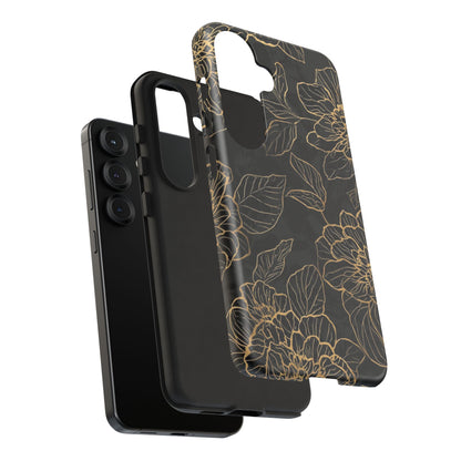Floral Gold Outline Tough Phone Case – Black Botanical Protective Cover