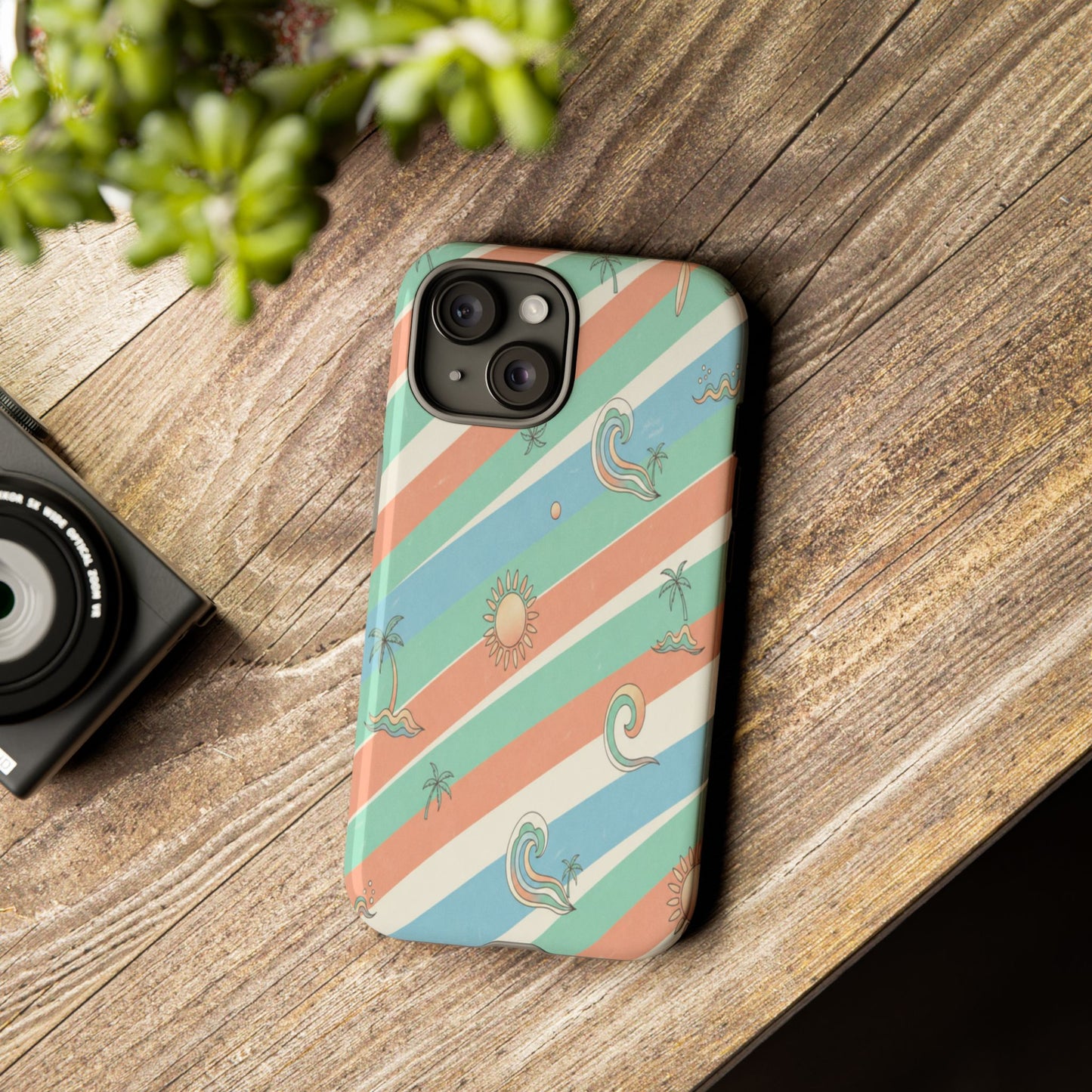 Retro Beach Stripes Phone Case — Sun, Waves & Palm Pattern Tough Case