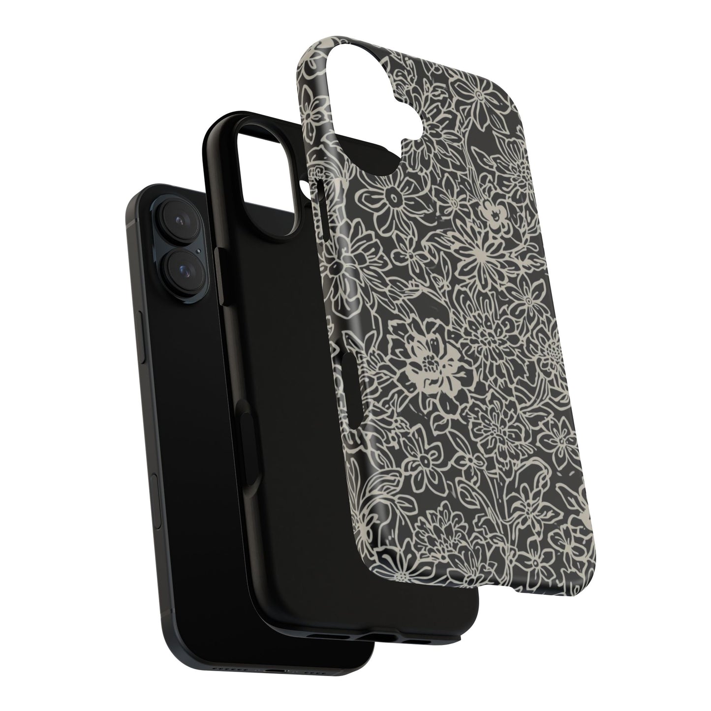 Floral Doodle Tough Phone Case — Black & White Sketch Flower Protective Cover
