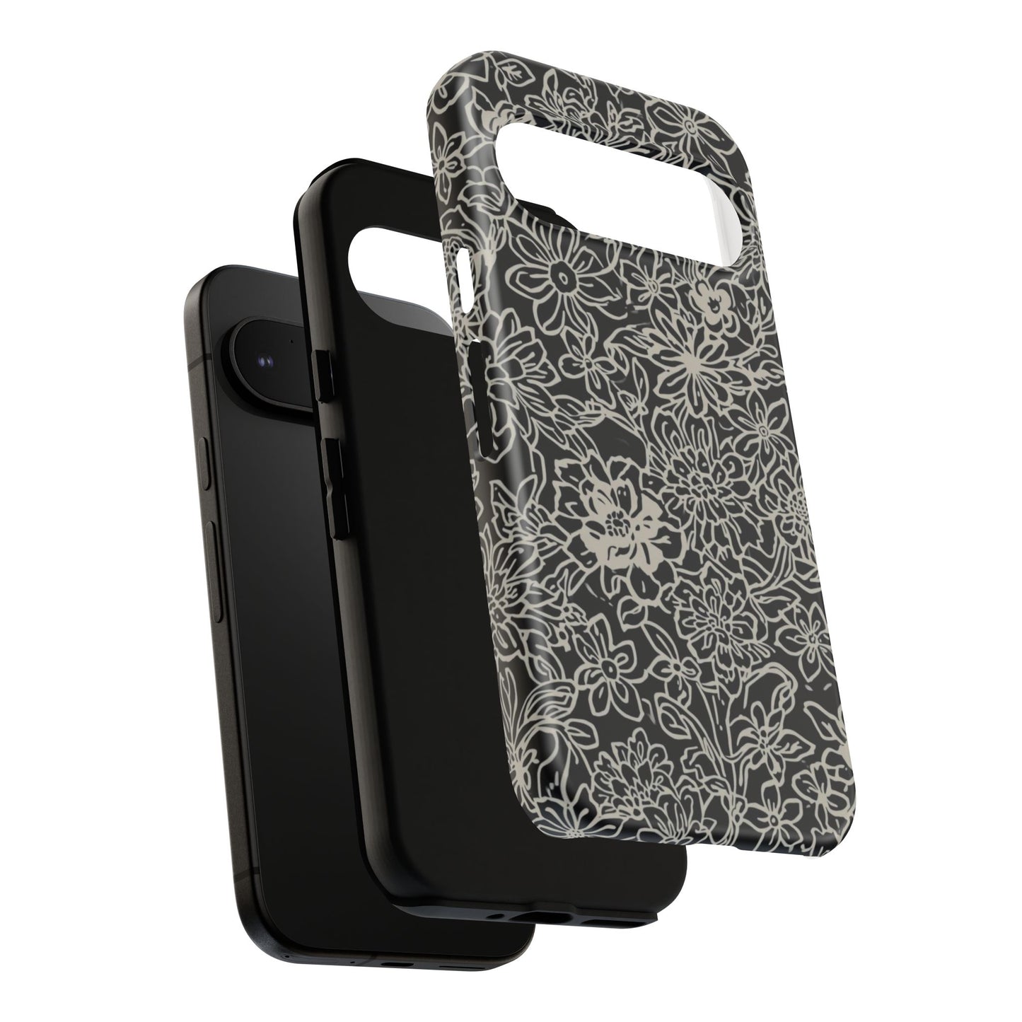 Floral Doodle Tough Phone Case — Black & White Sketch Flower Protective Cover