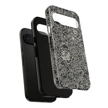 Floral Doodle Tough Phone Case — Black & White Sketch Flower Protective Cover