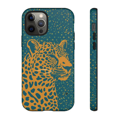 Leopard Print Tough Phone Case — Gold Panther on Teal, Protective iPhone Cover
