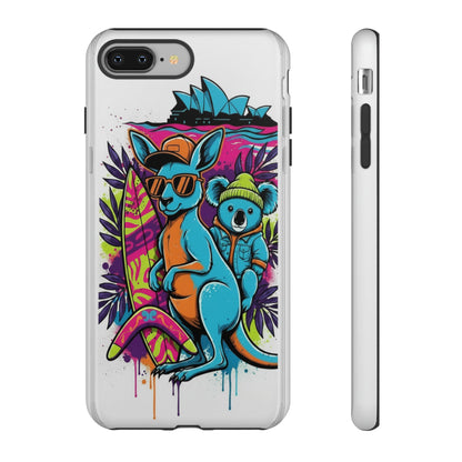 Kangaroo & Koala Surf Phone Case — Retro Neon Beach Art Tough Case
