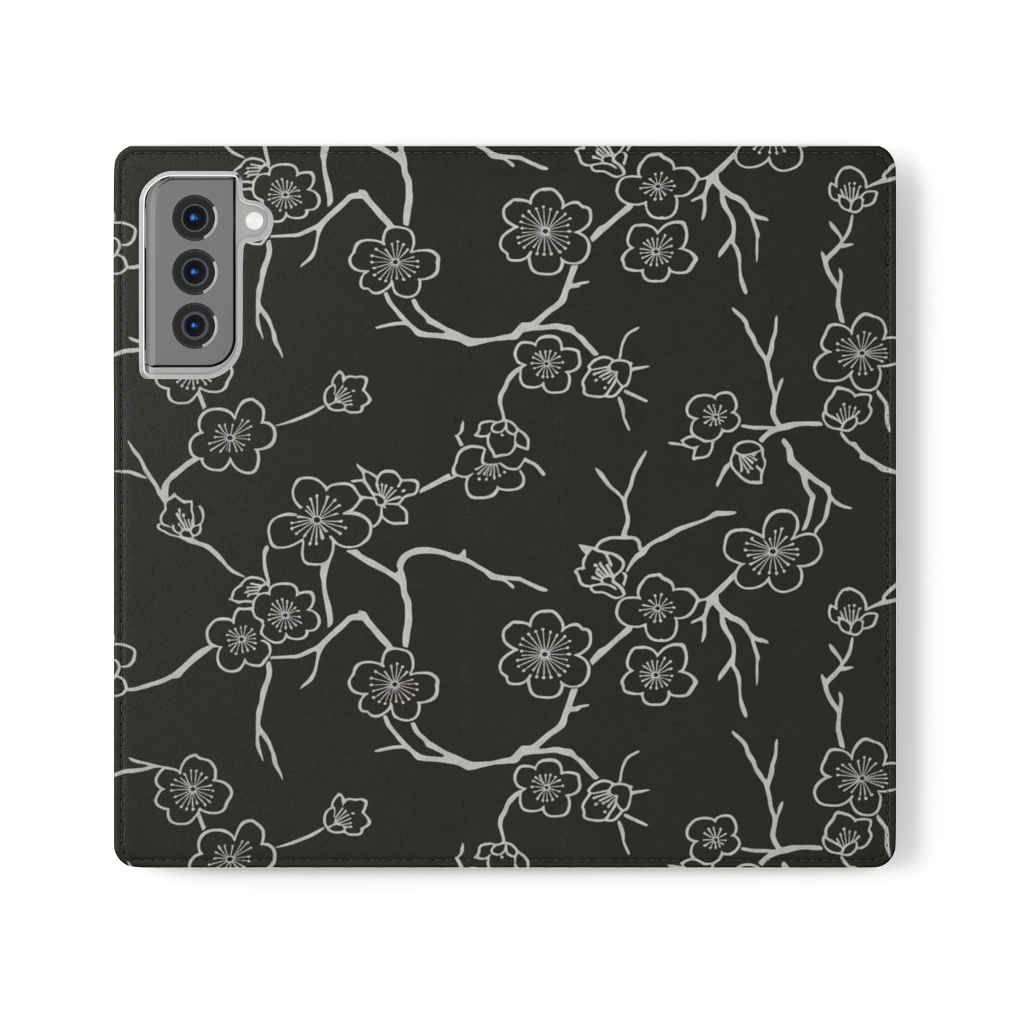 Black Cherry Blossom Flip Phone Case – Floral Wallet Flip Case with Card Slots