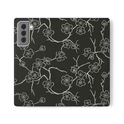 Black Cherry Blossom Flip Phone Case – Floral Wallet Flip Case with Card Slots