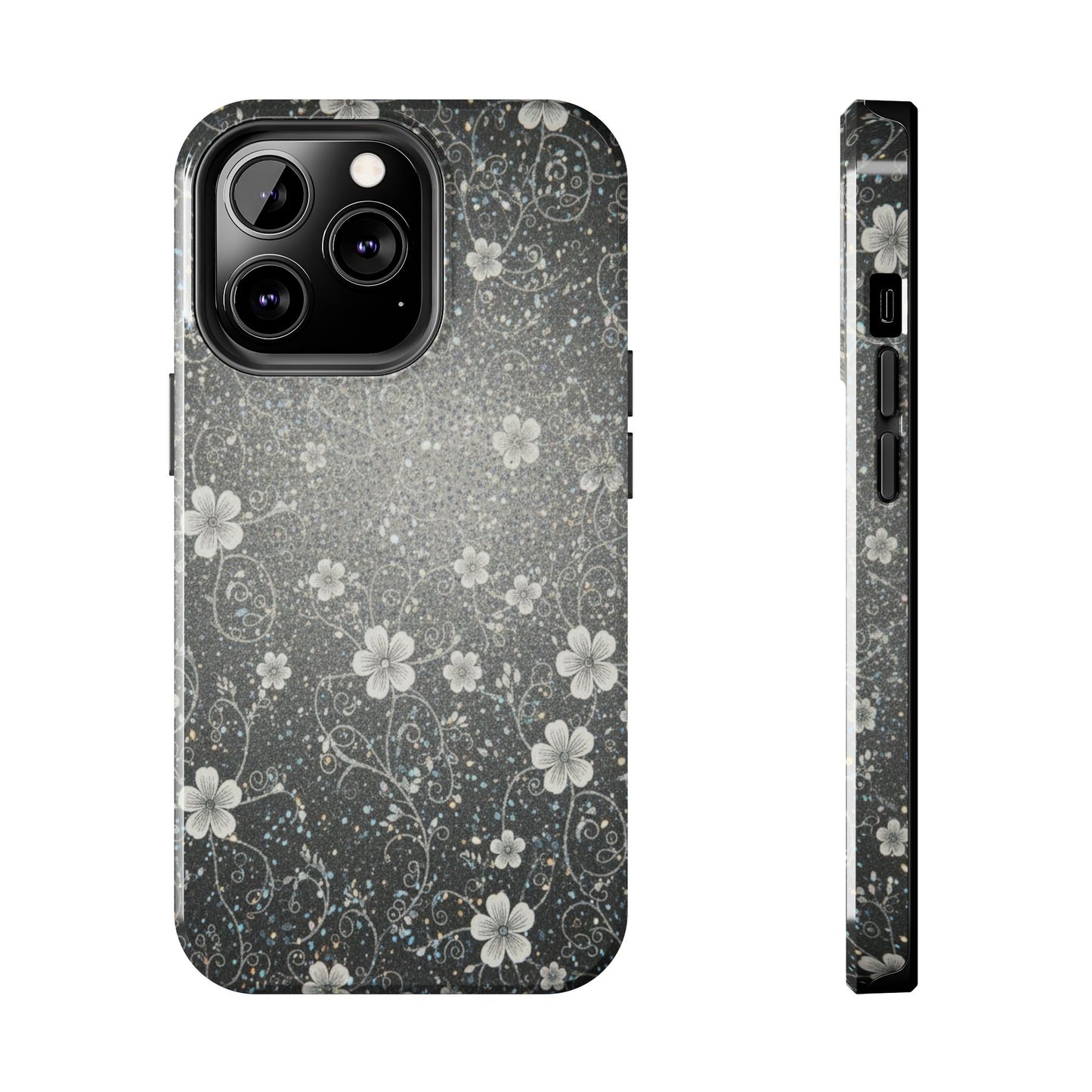 Floral Sparkle Tough Phone Case — Black & Silver Vintage Blossom