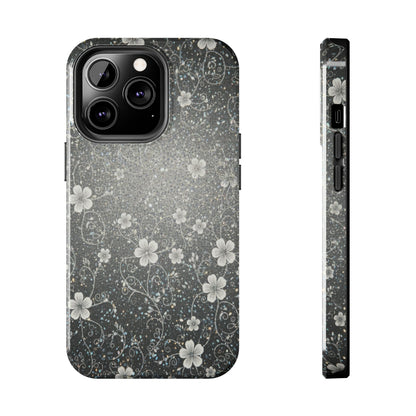 Floral Sparkle Tough Phone Case — Black & Silver Vintage Blossom