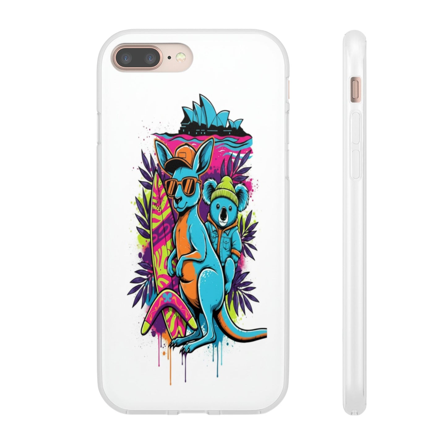 Kangaroo & Koala Surf Phone Case — Neon Aussie Beach Vibes Flexible Case