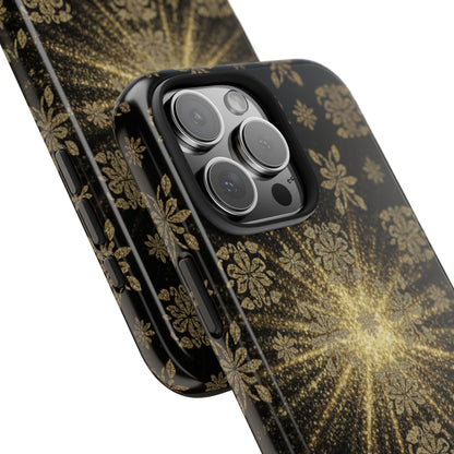 Glitter Burst Tough Phone Case — Black & Gold Floral Protective Cover