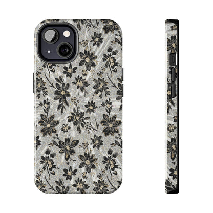 Floral Vintage Tough Phone Case — Black & Gray Rustic Flower Protective Case