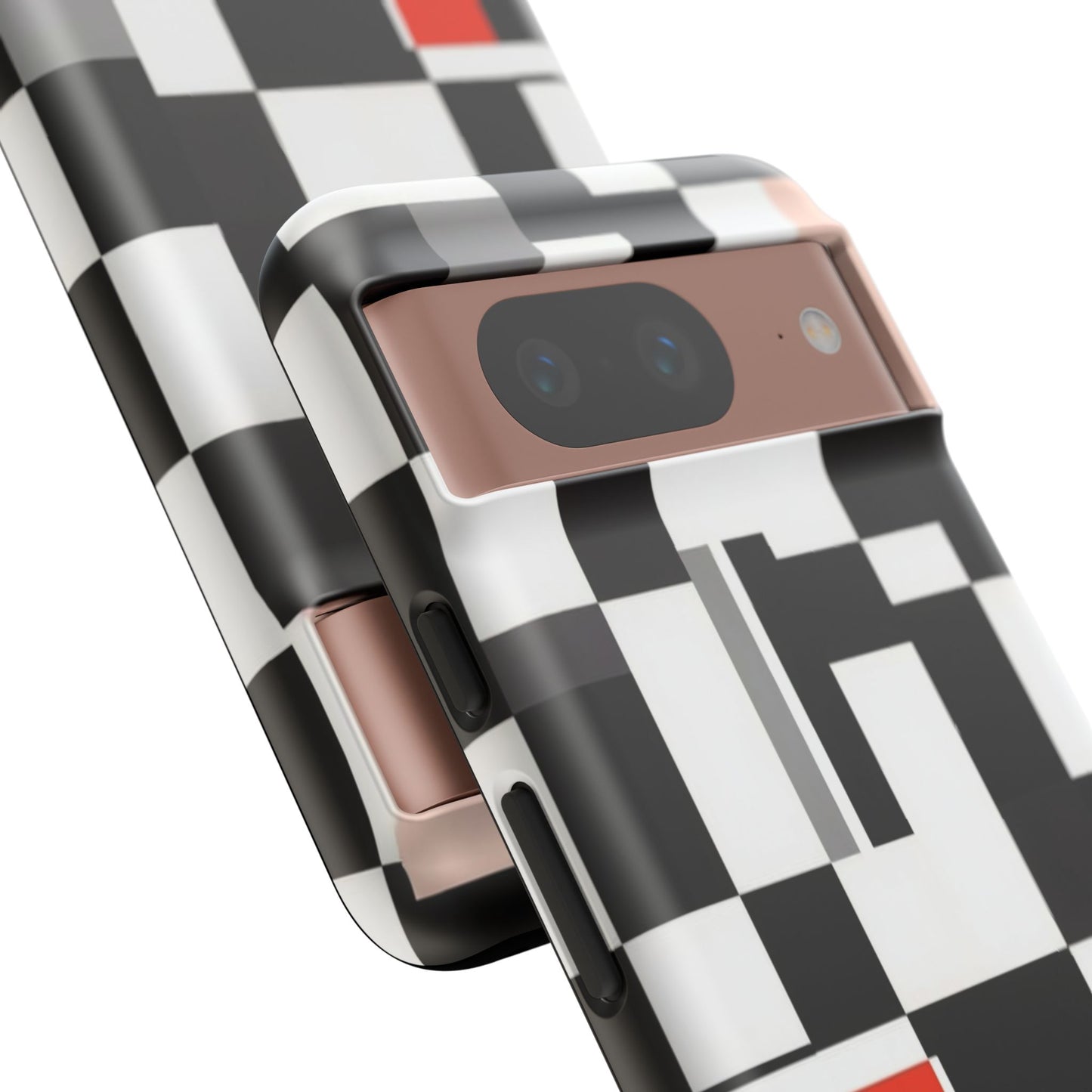 Abstract Geometric Phone Case – Black & White Checker Grid with Red Accent